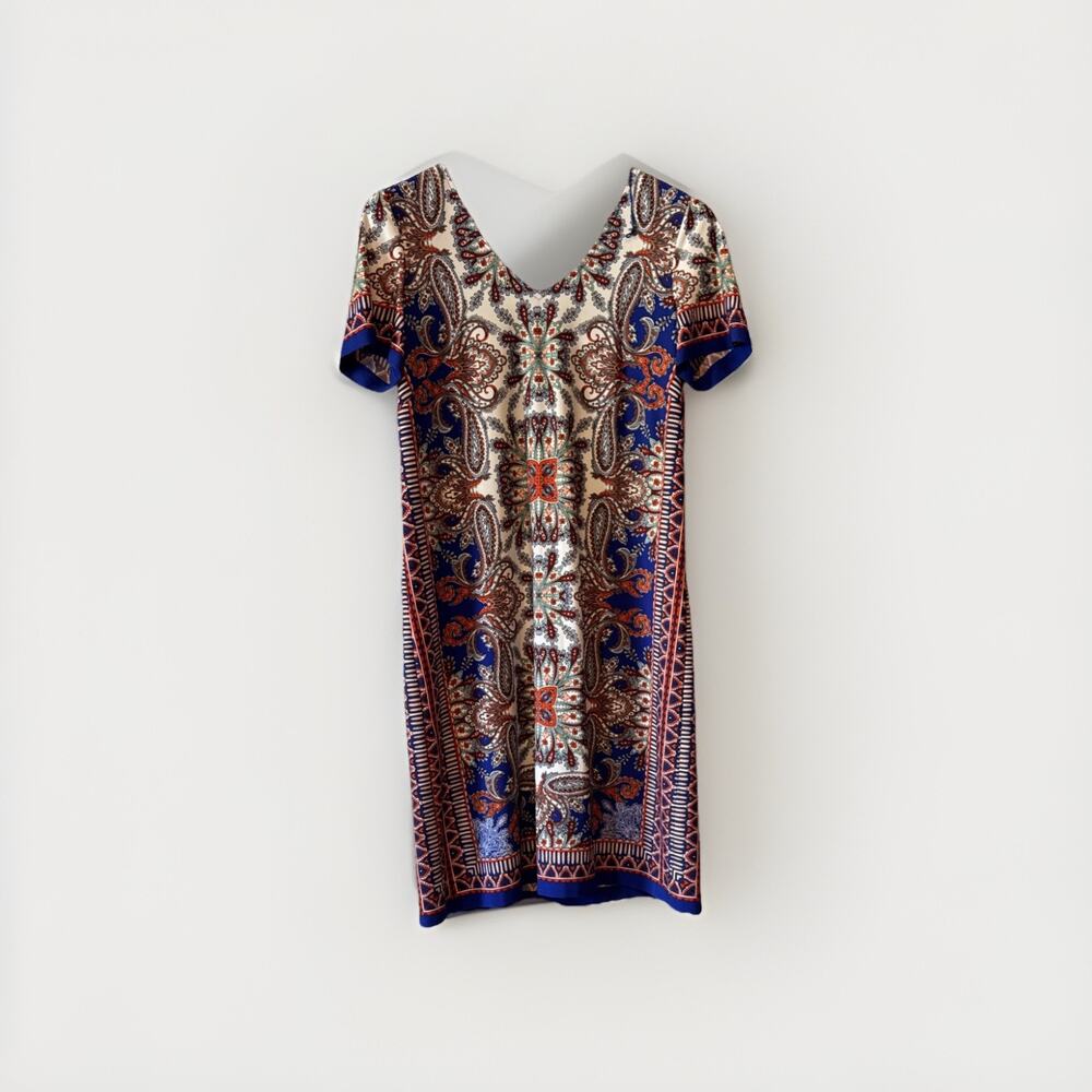 London Times Women's Multicolor Floral Short Sleeve Boho Shift Dress Size 10
